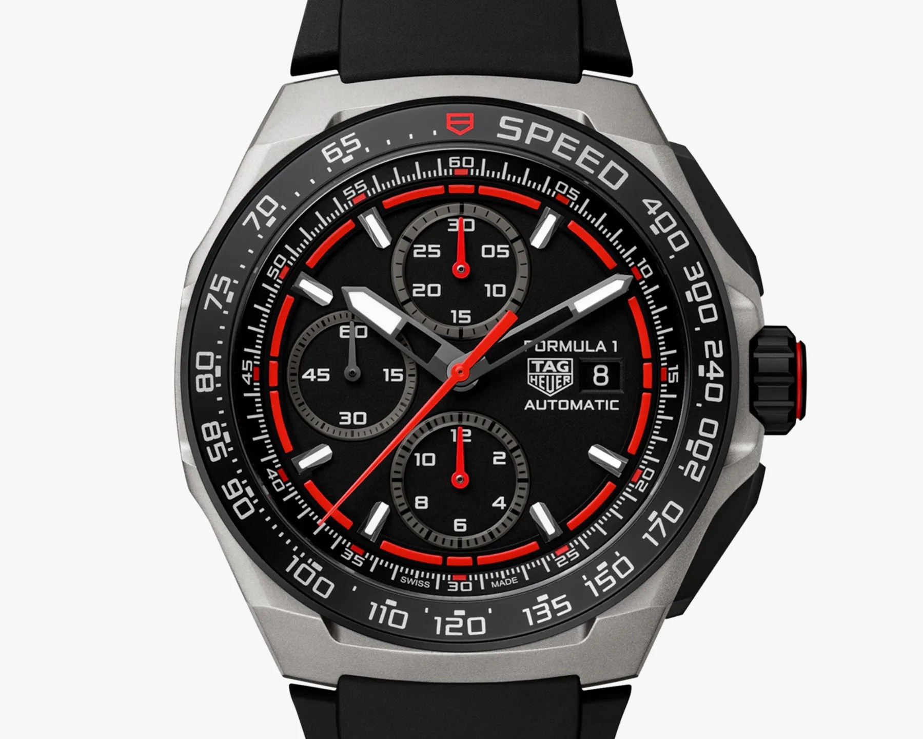 a red and black watch dial