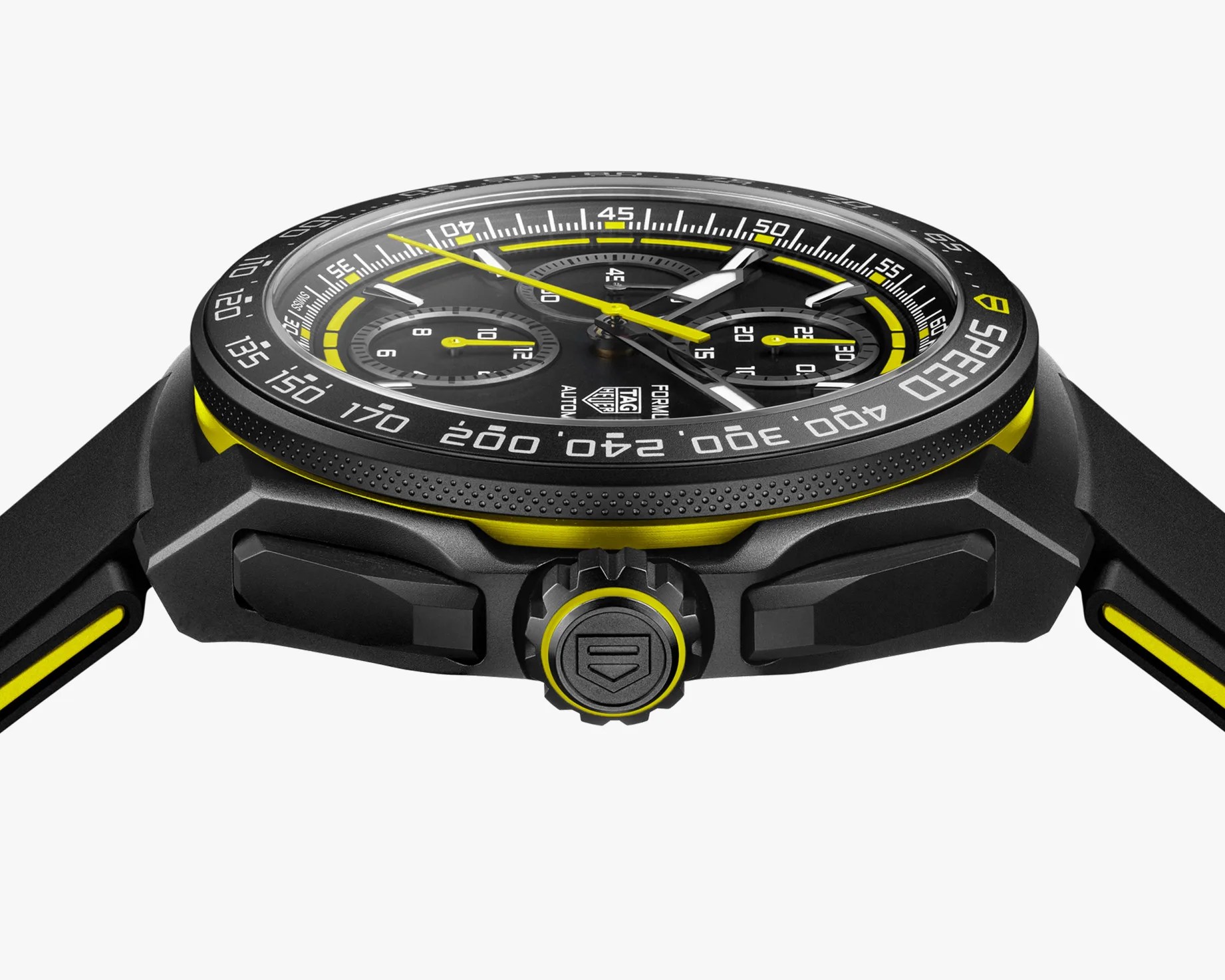 a black and yellow watch