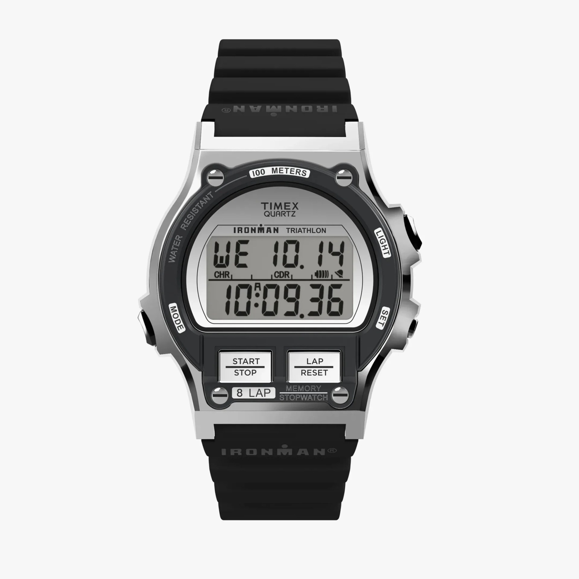 A steel and black digital watch