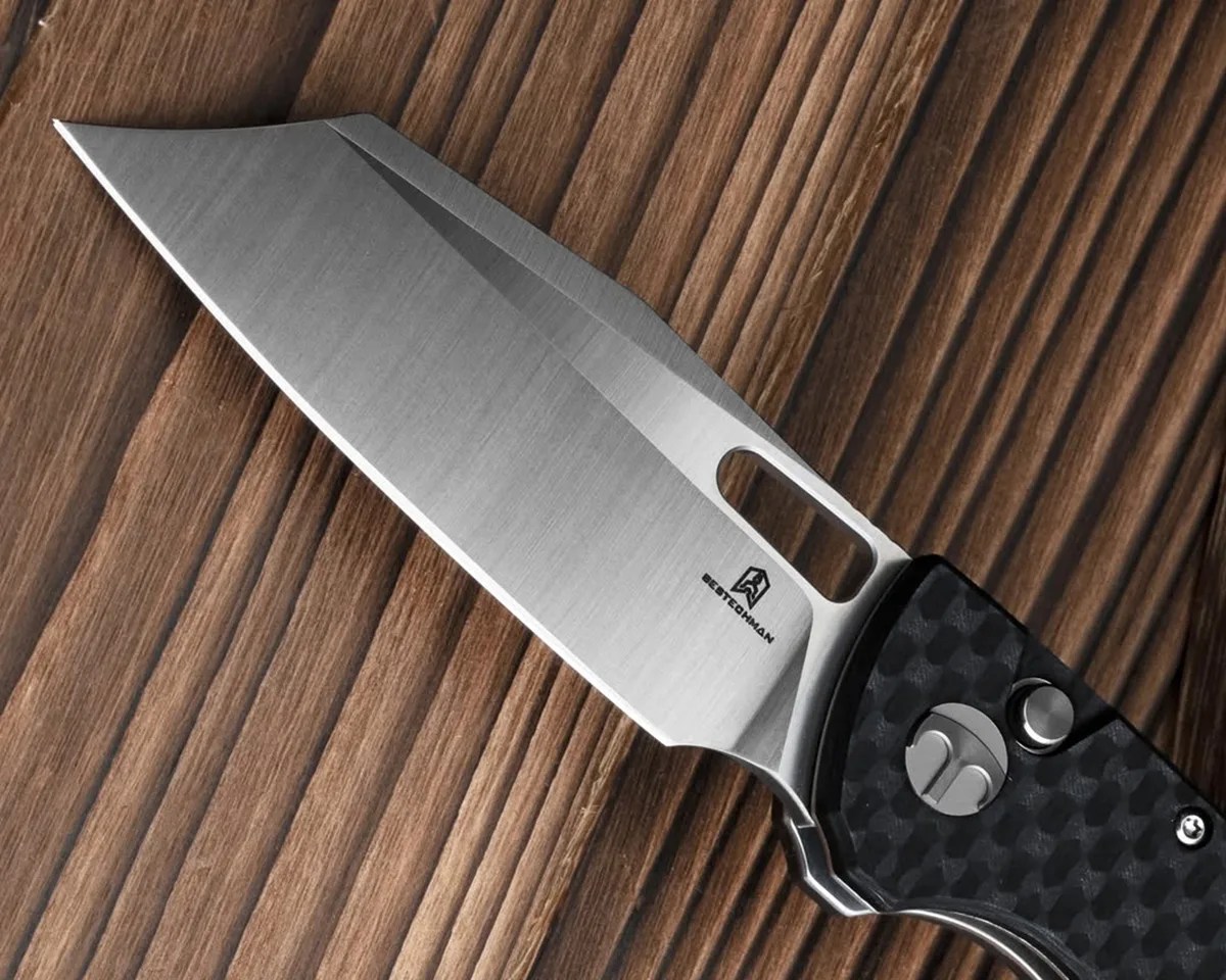 Closeup of Bestechman Guardian knife blade