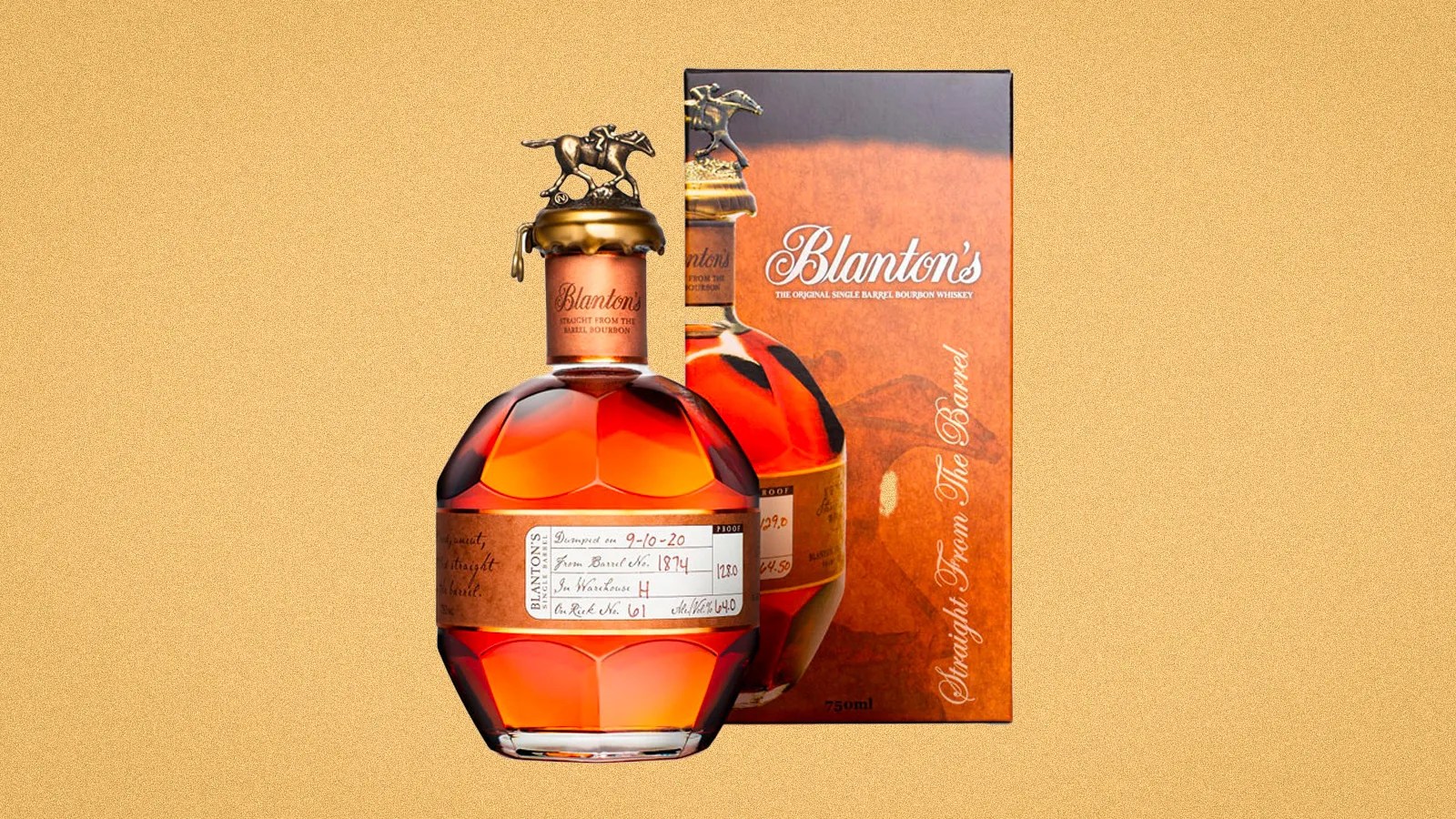 A bottle of Blanton's Straight From the Barrel shown sitting to the left of its retail packaging box. Both items are shown against a speckled gold background. 