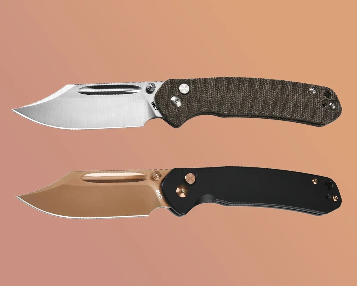 Two CJRB Bowie Pyrite knives on a sand-colored background