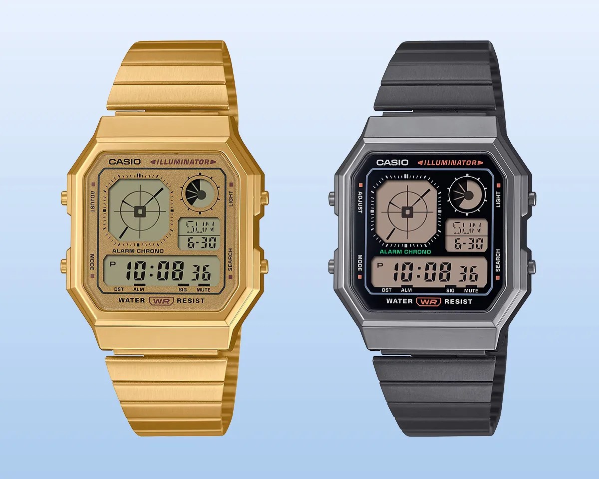 Two Casio A130 watches on blue background