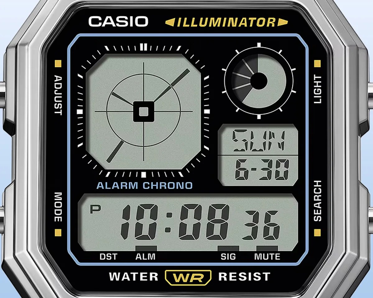Closeup of Casio A130 watch on blue background