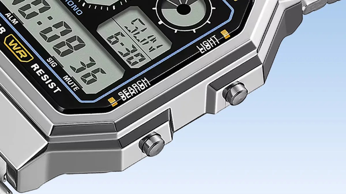 Closeup of Casio A130 watch on blue background
