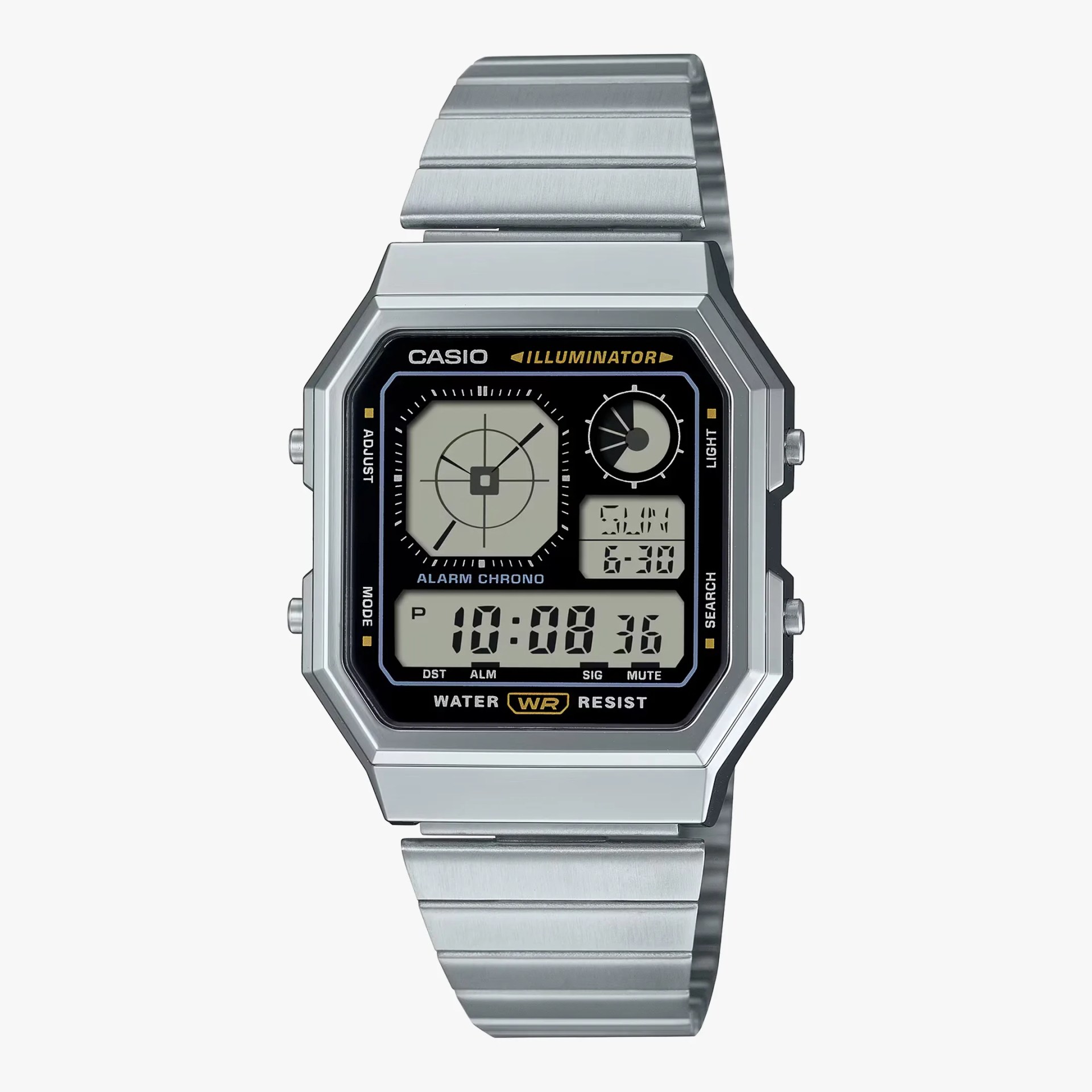 Casio A130 watch on gray background