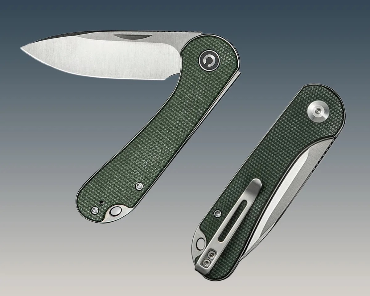 Two Civivi Elementum Slip Joint knives on blue-gray background