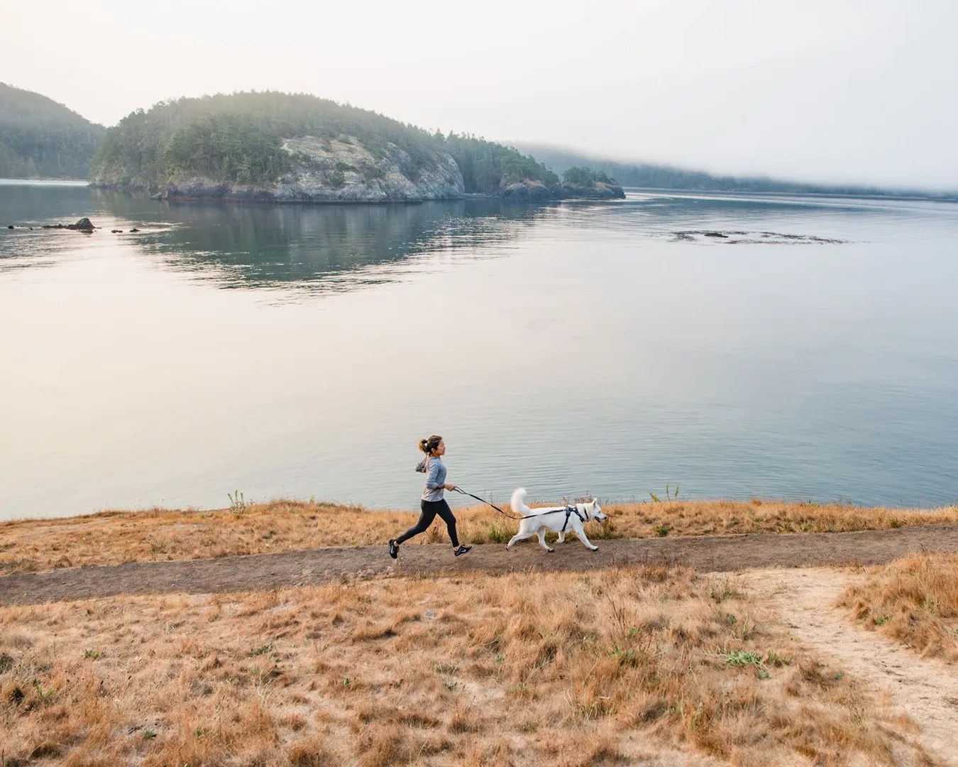woman running by lake with dog wearing Ruffwear Front Range® Dog Harness