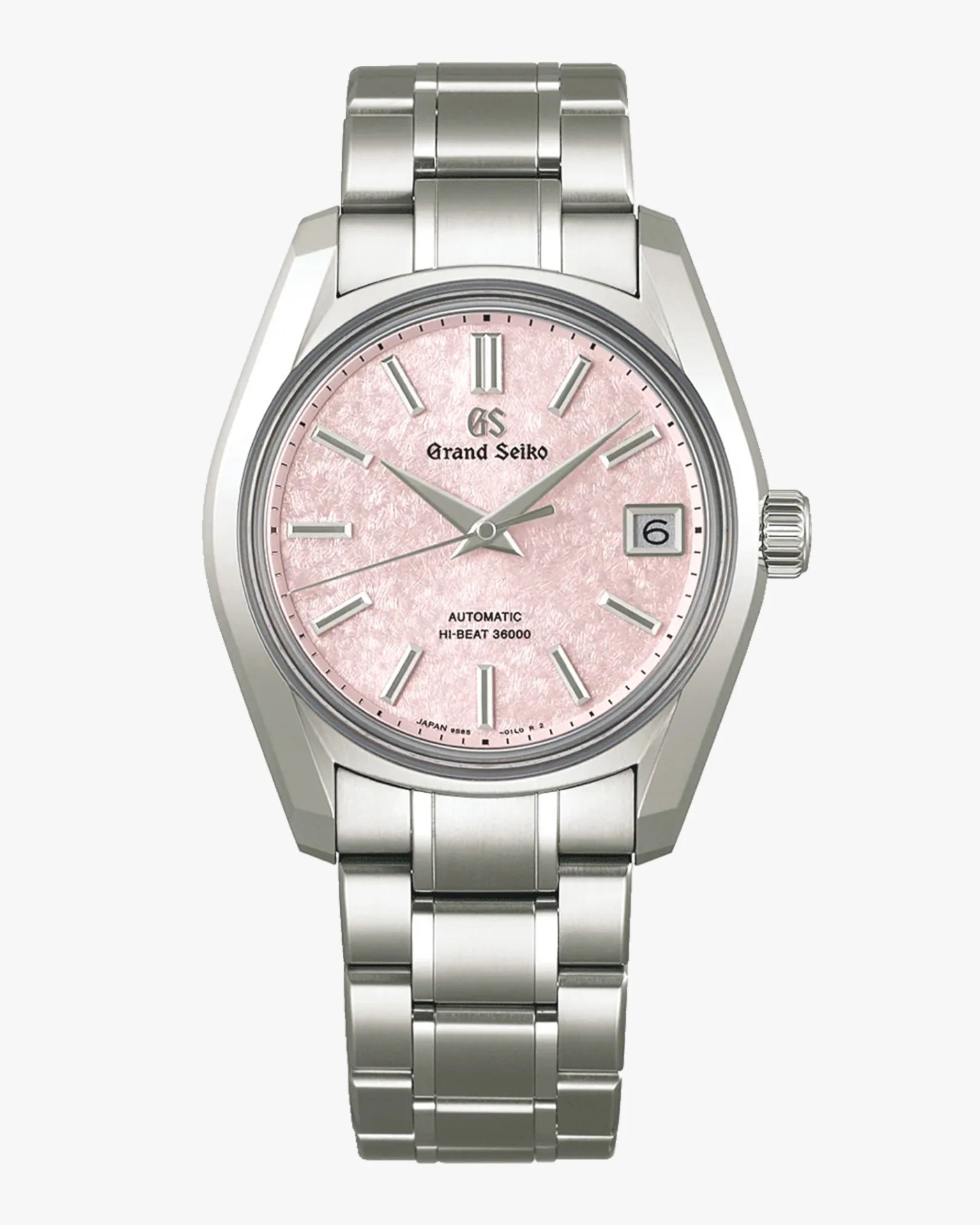 a steel Grand Seiko watch with a pink dial