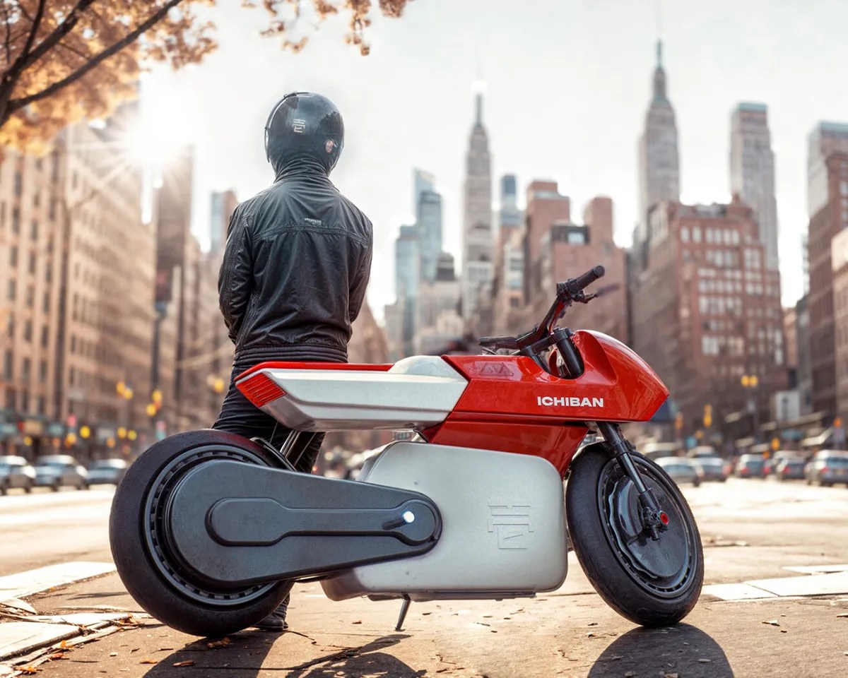 Ichiban electric motorcycle in city with rider standing leaning on it