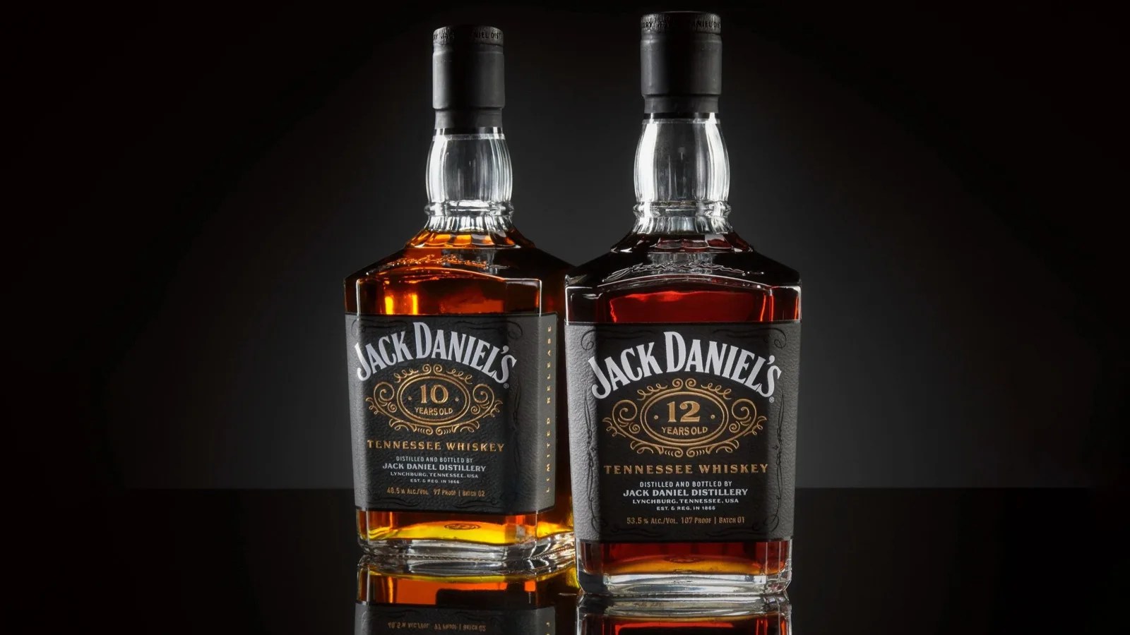 Two bottles of Jack Daniel's Tennessee Whiskey are shown against a black background. One is 12 year old expression that won a World Whiskies Award in 2025