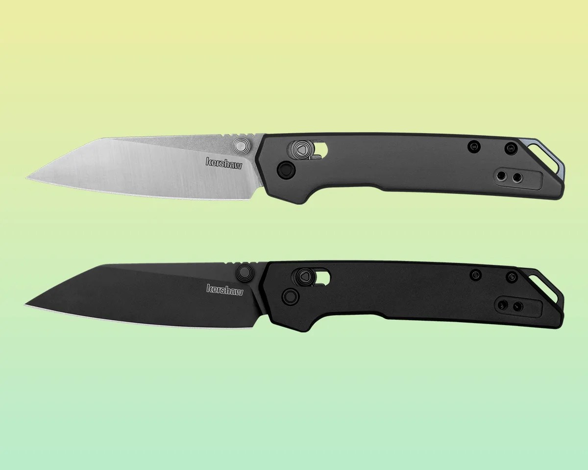 two Kershaw Mini Iridium Reverse Tanto knives on yellow green background