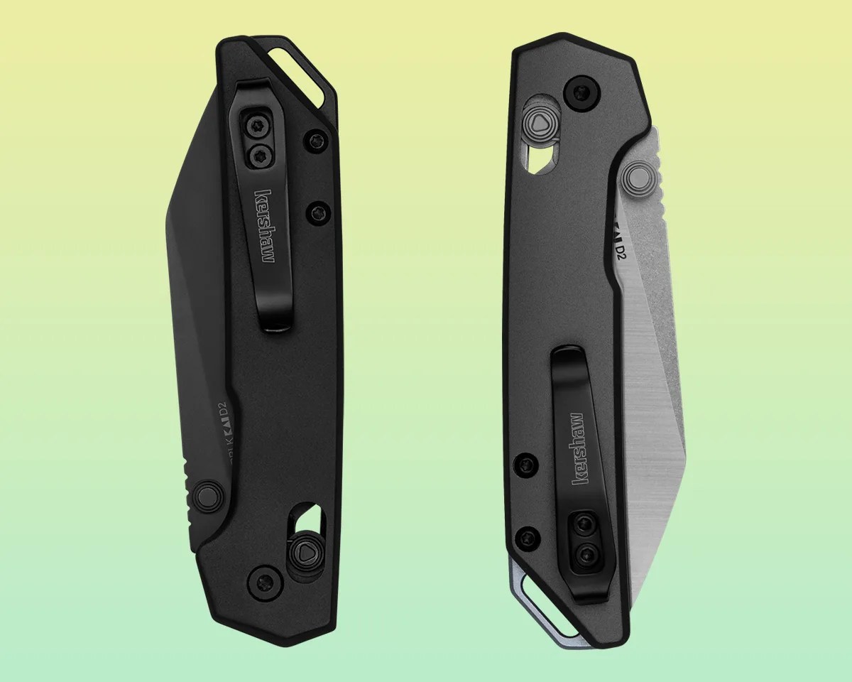 two Kershaw Mini Iridium Reverse Tanto knives closed on yellow green background
