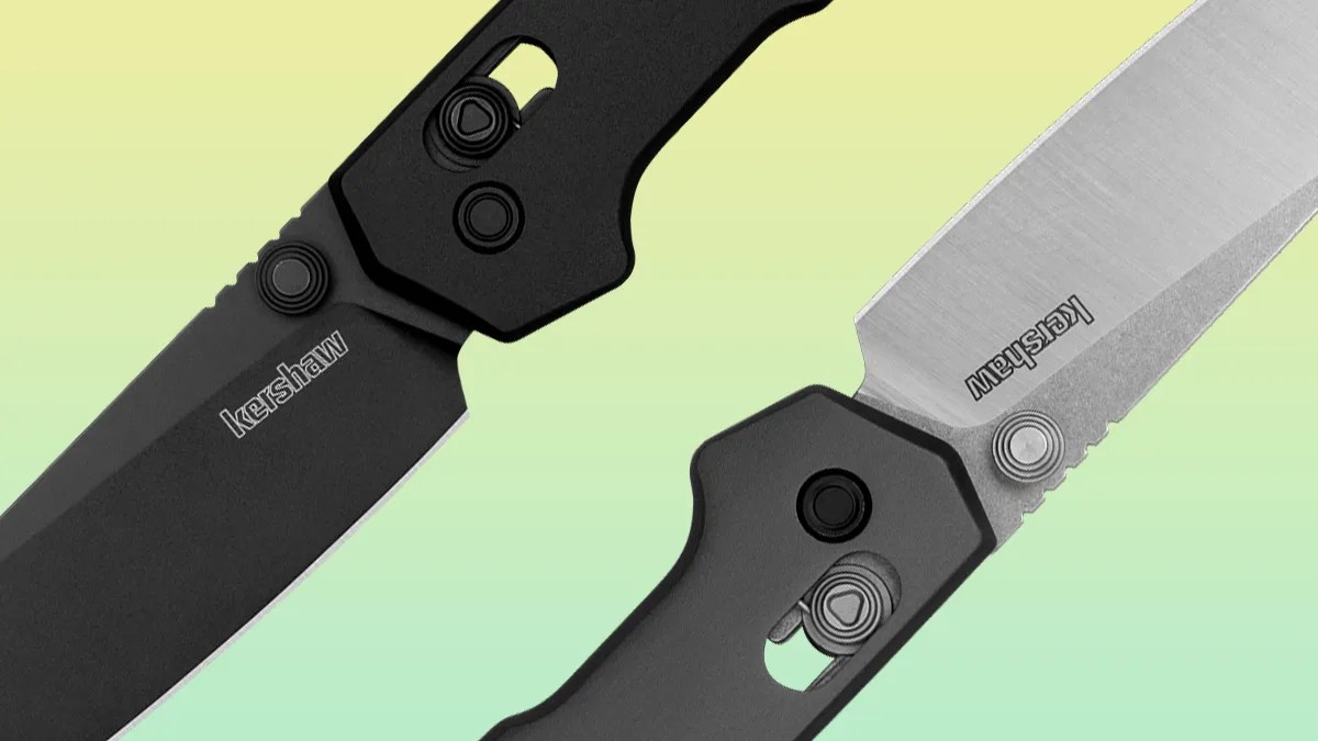 Closeup of two Kershaw Mini Iridium Reverse Tanto knives on yellow green background