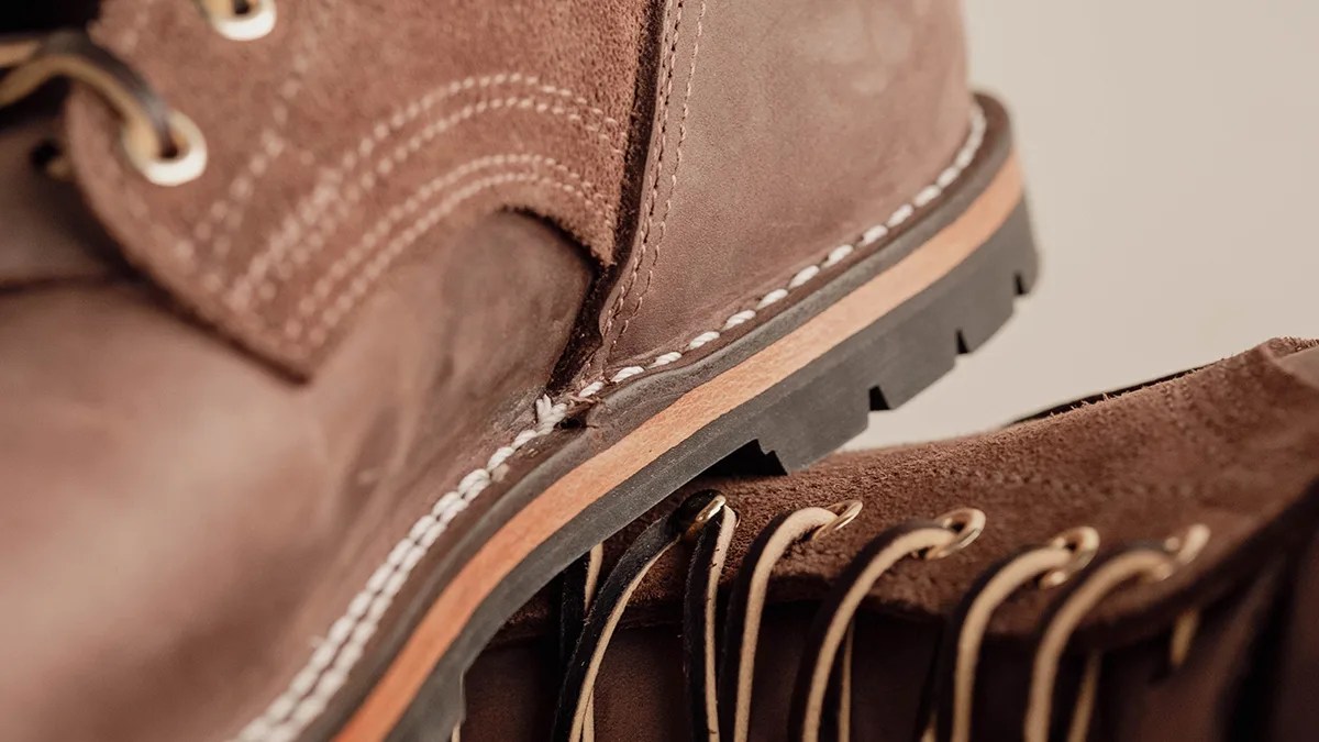 Closeup of Nicks Handmade Boots Strider Zero Drop Work Boot soles and uppers