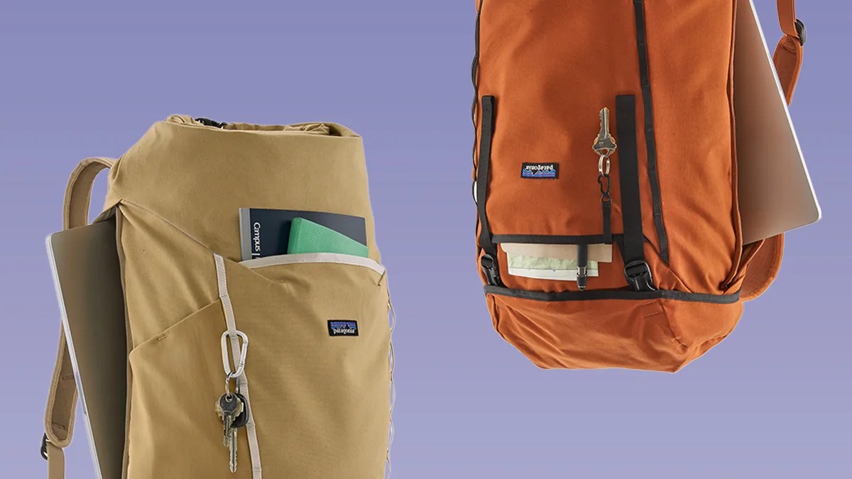 Closeup of two Patagonia Fieldsmith Backpack on purple background