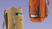 Closeup of two Patagonia Fieldsmith Backpack on purple background