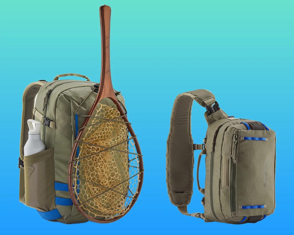 Patagonia Stealth backpack and sling back on blue-green background