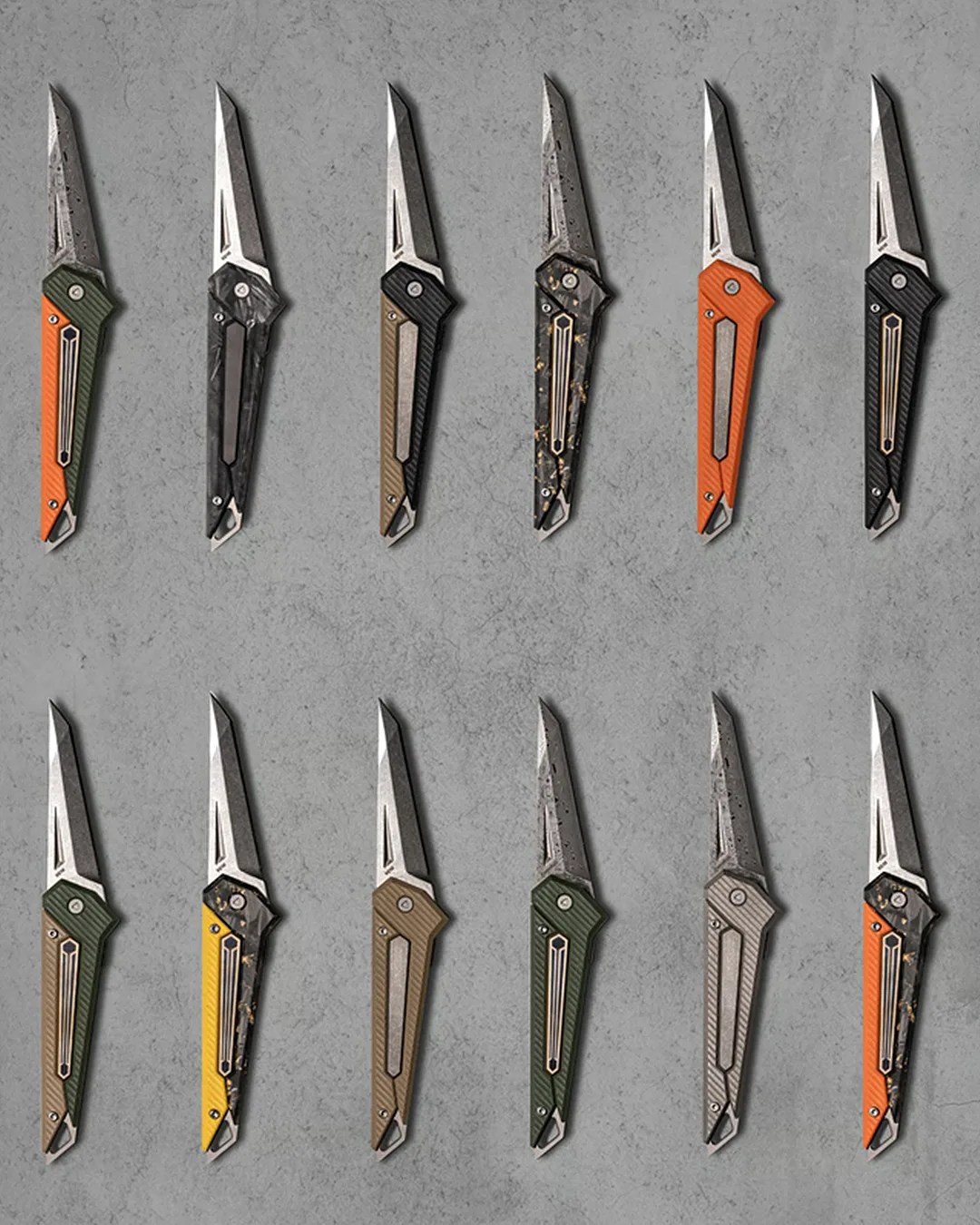 Multiple Pichi Design Kameta knives on gray background