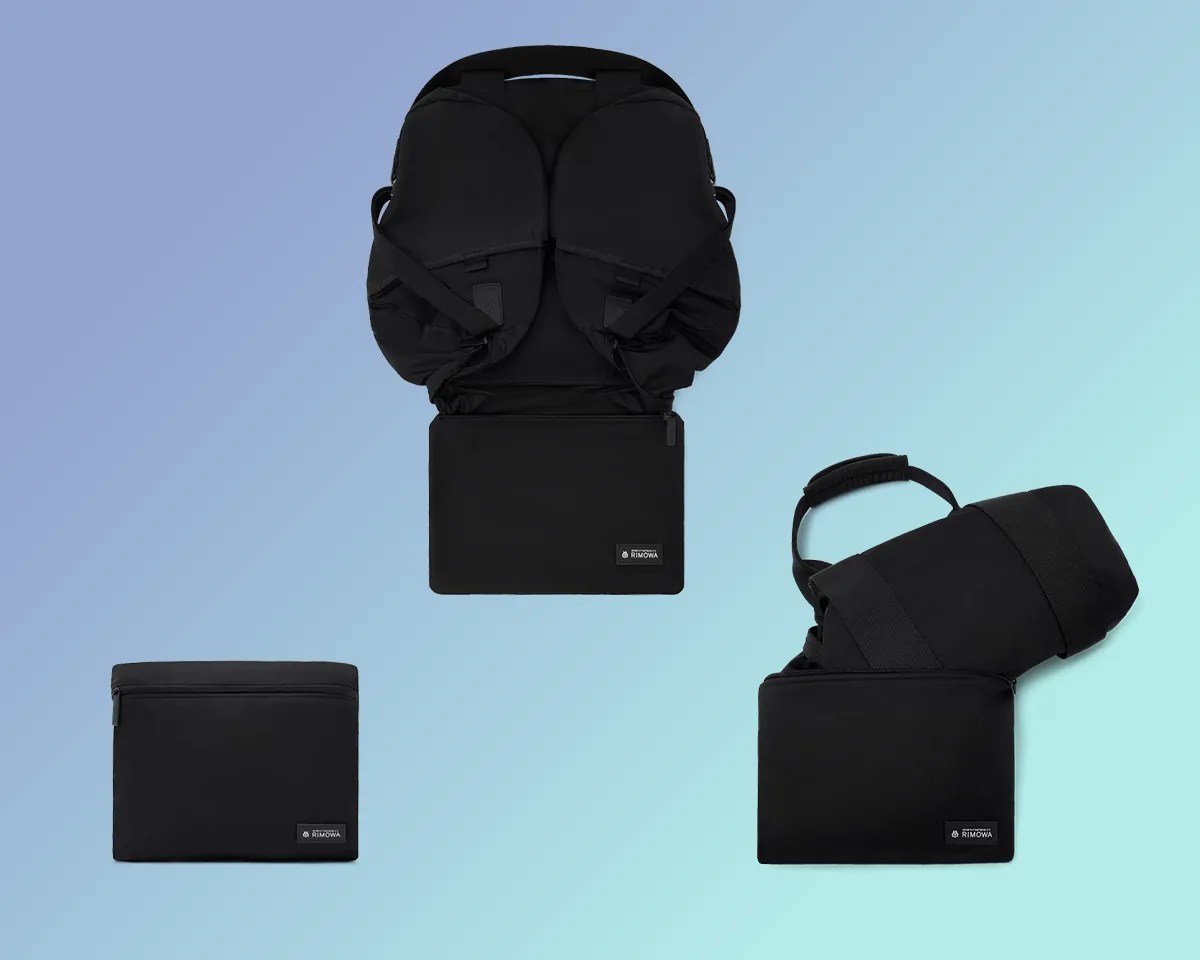 Rimowa Foldable Bags folding on blue background