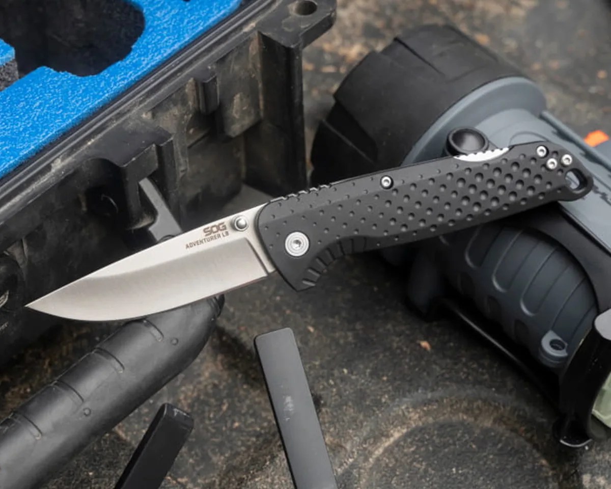 SOG Adventurer LB knife laying on large flashlight and tough carry case