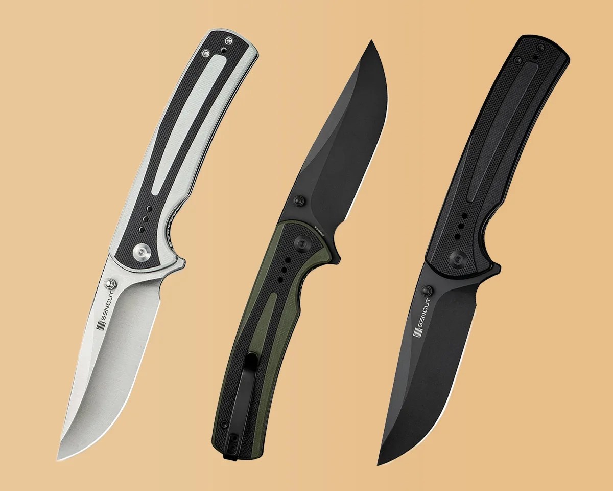 Three Sencut Regnator knives on tan background