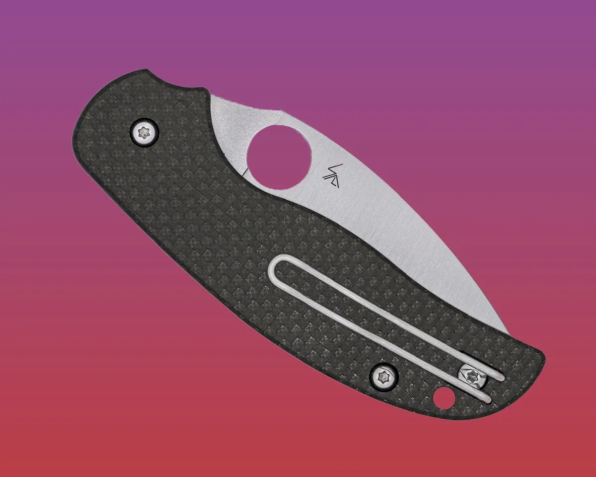 Spyderco Sage 6 Button Lock knife closed on pink-purple background