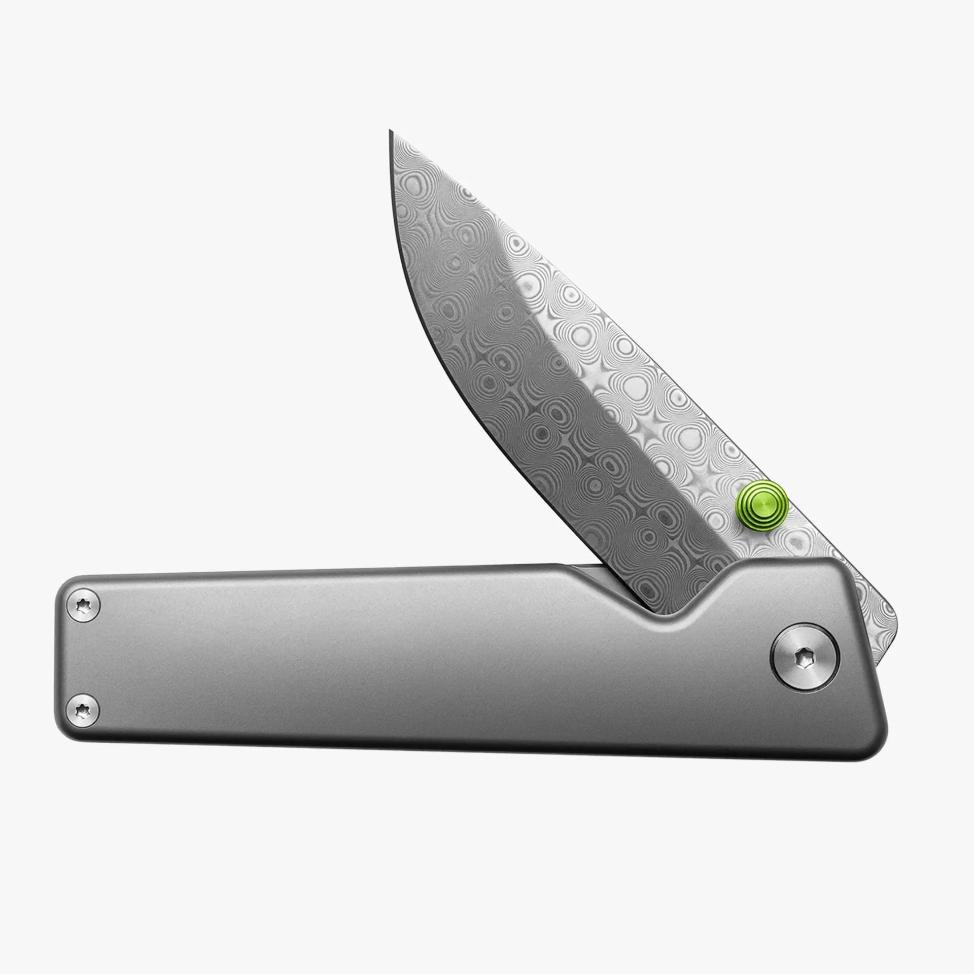 The James Brand Chapter 2 Rose Damasteel knife on gray background