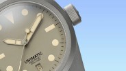 Closeup of Unimatic Modello Due U2S T W Field Watch on blue background