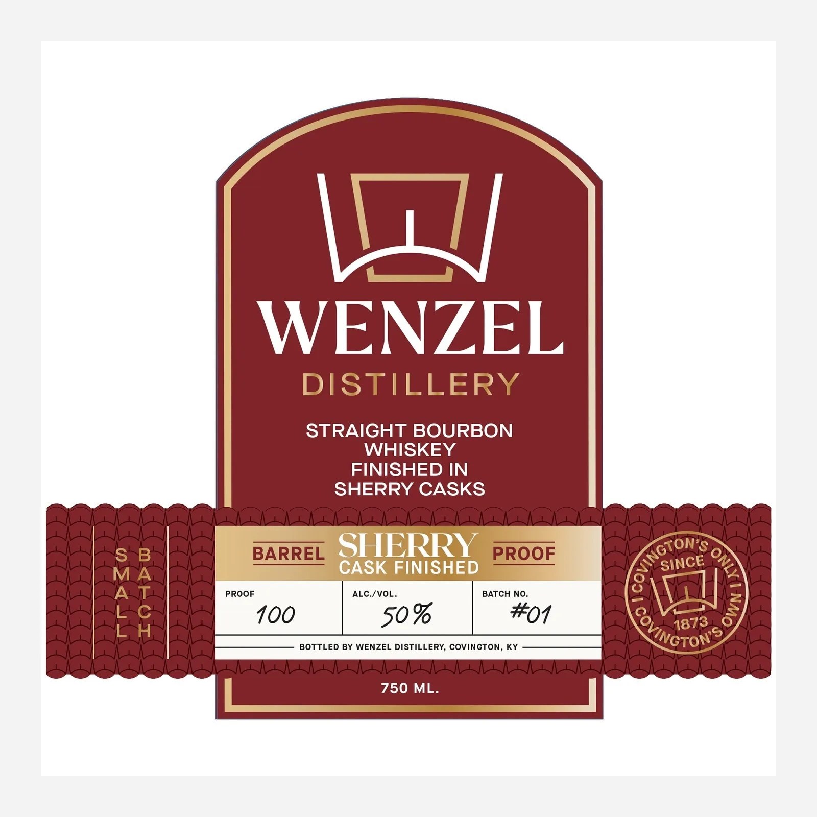 The front label of Wenzel Whiskey Straight Bourbon Whiskey Finished in Sherry Casks on a grey background. 