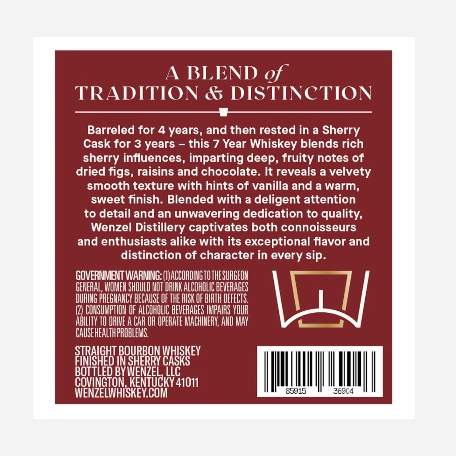 The front label of Wenzel Whiskey Straight Bourbon Whiskey Finished in Sherry Casks on a grey background. 