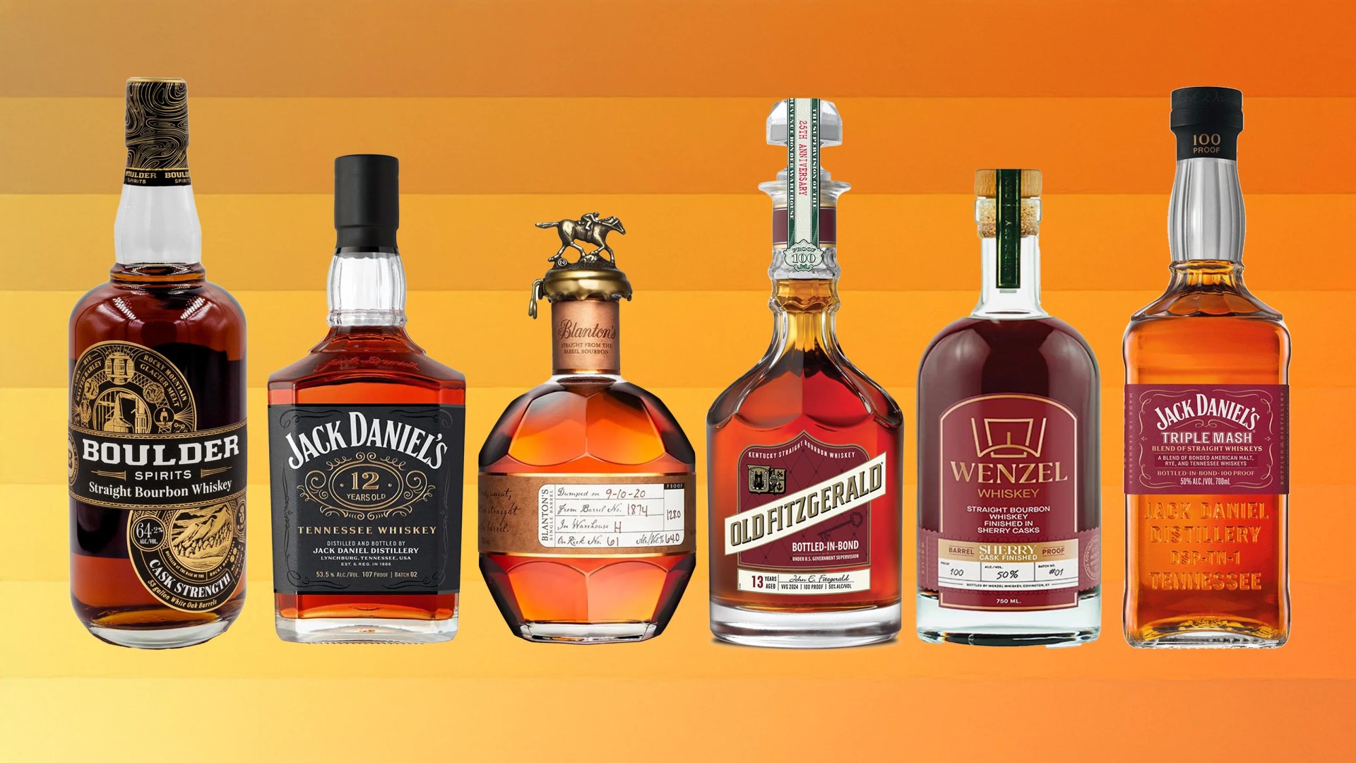 Six bottles of American Whiskey lined up in a row, each of which won an award at the 2025 World Whiskies Awards. They appear against a bright color gradient background in the pallette of whiskey