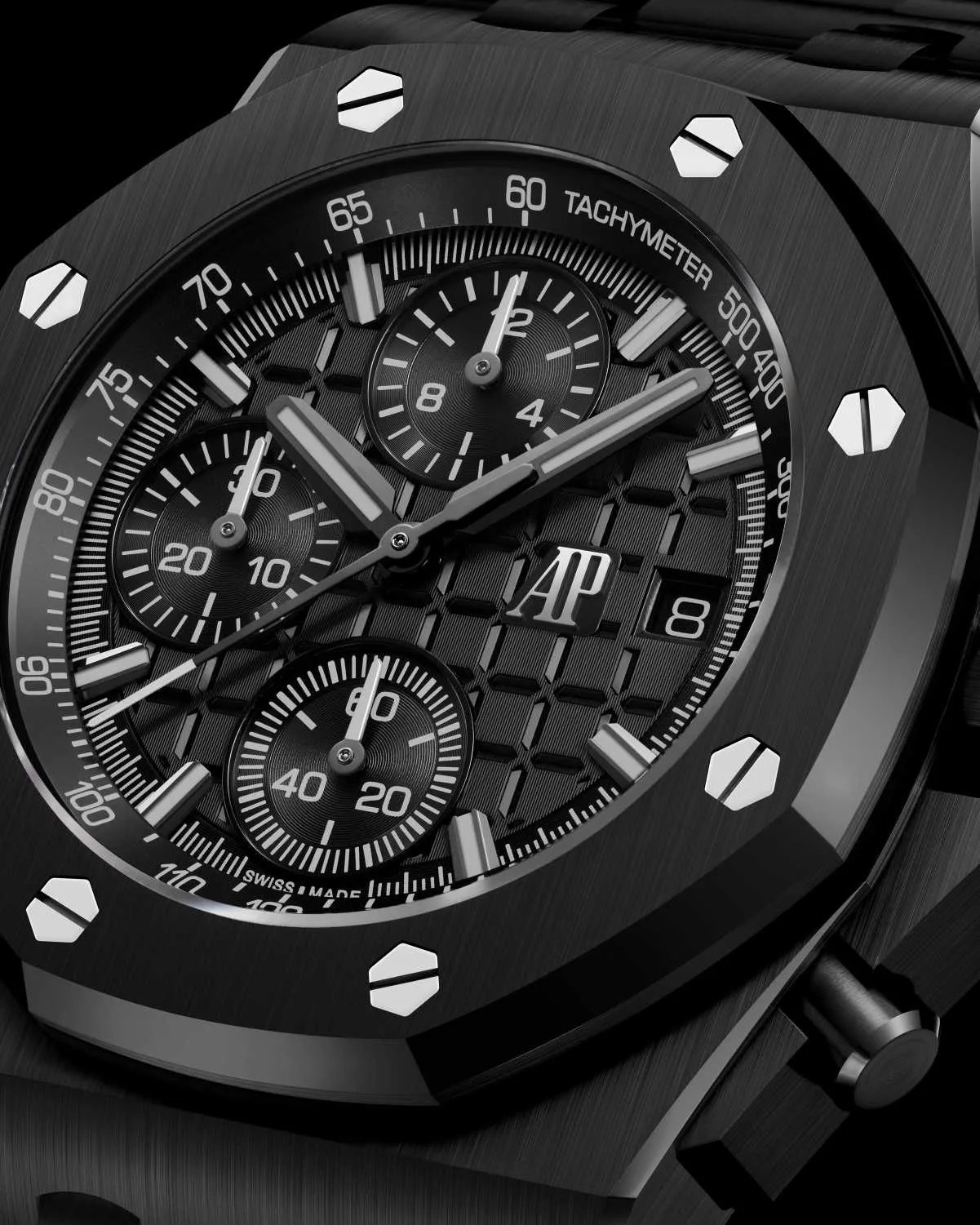 the dial and bezel of a black ceramic chronograph watch