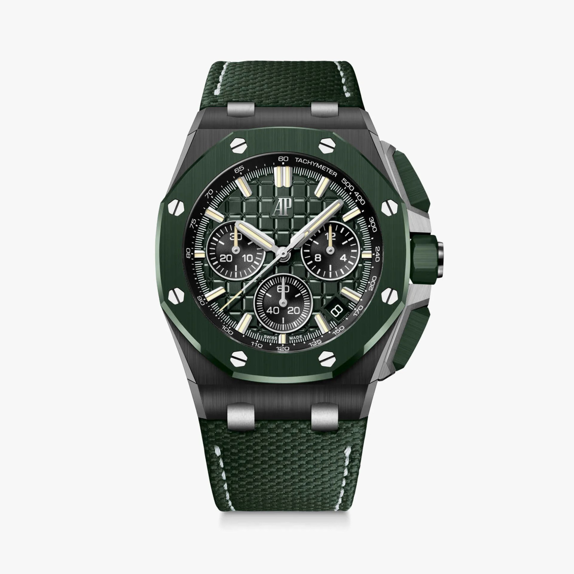 a green AP Royal Oak Offshore chronograph watch