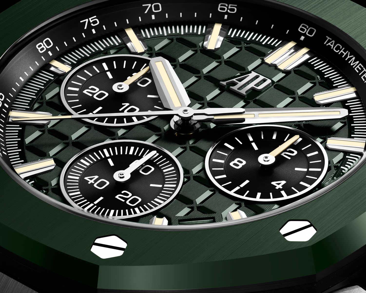 the green dial of a chronograph watch