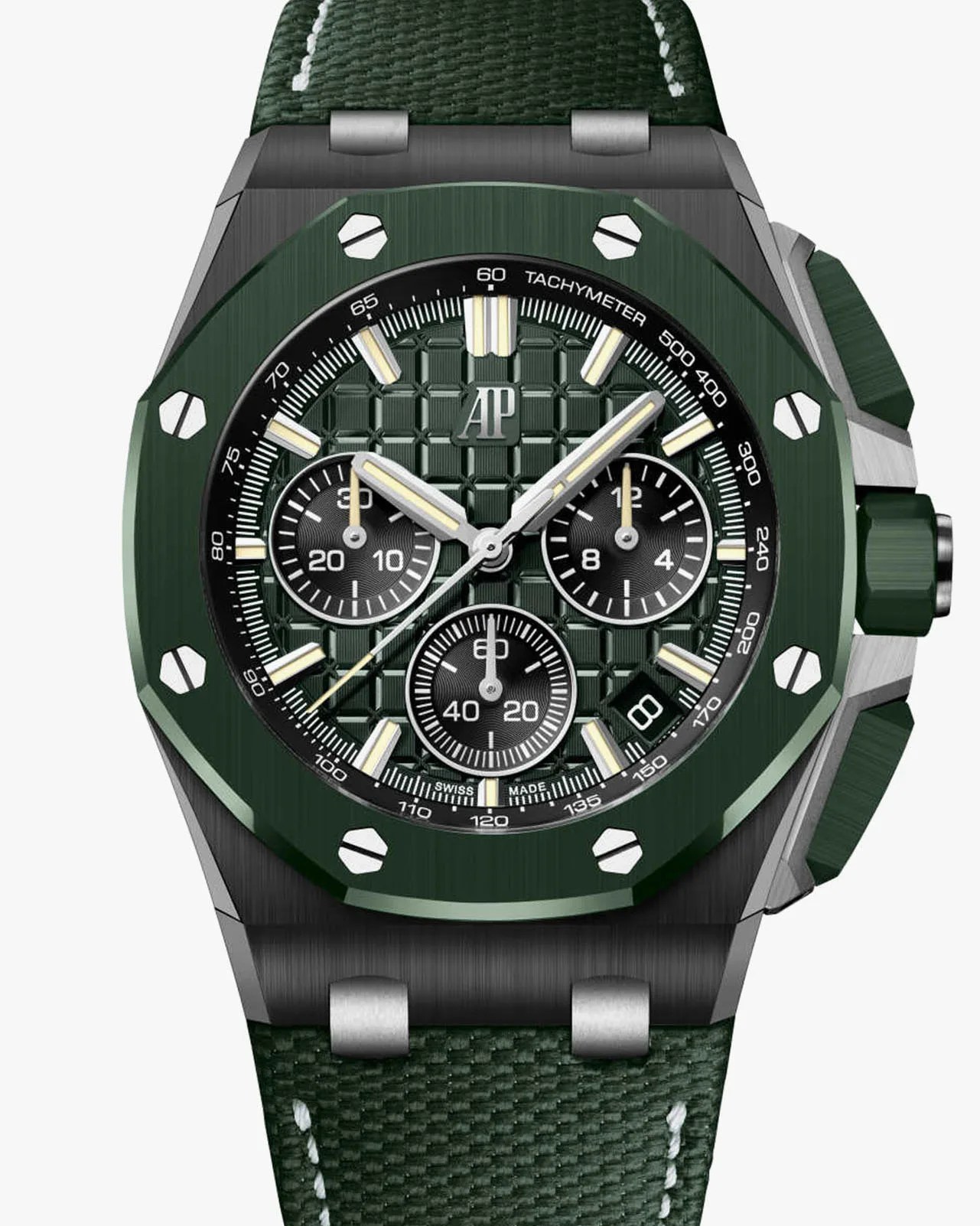 a green ceramic AP Royal Oak Offshore chronograph watch
