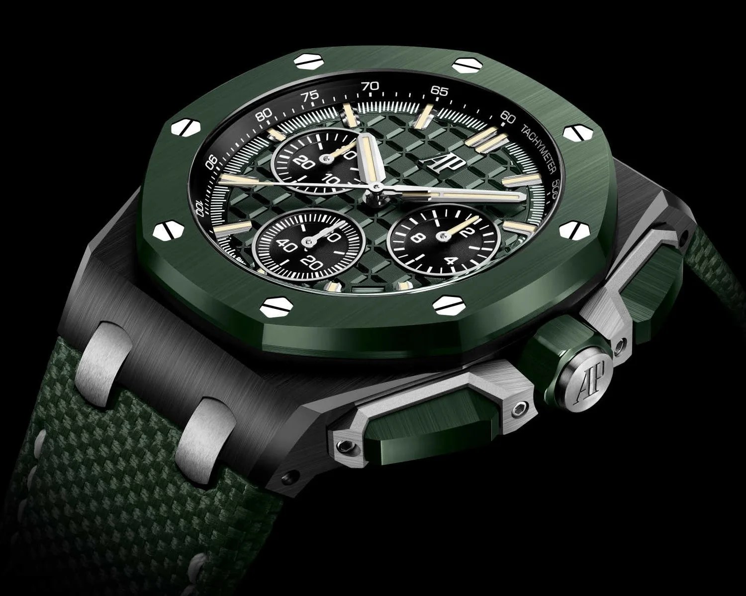 a green ceramic watch with a fabric strap