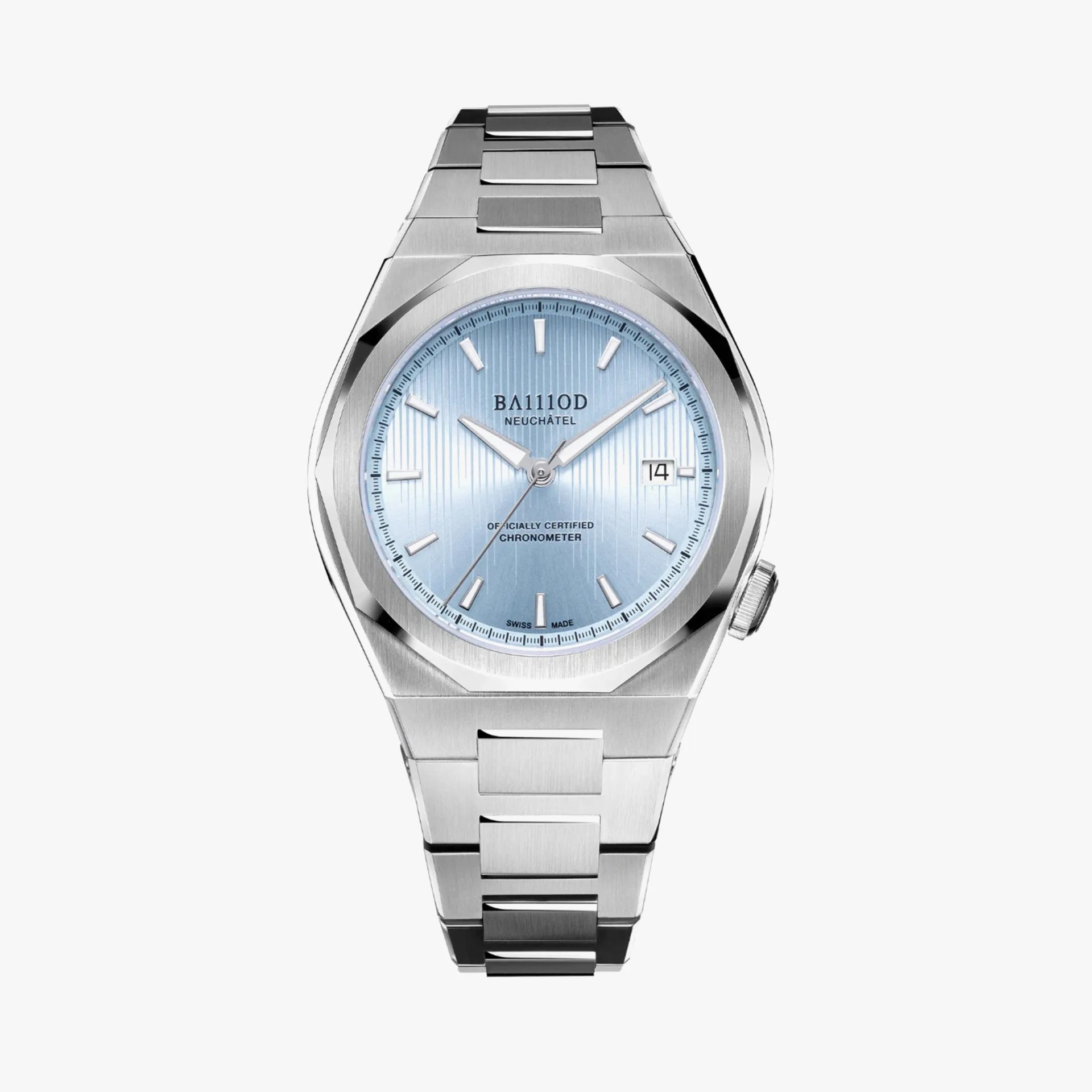 a steel sport watch with a light blue dial