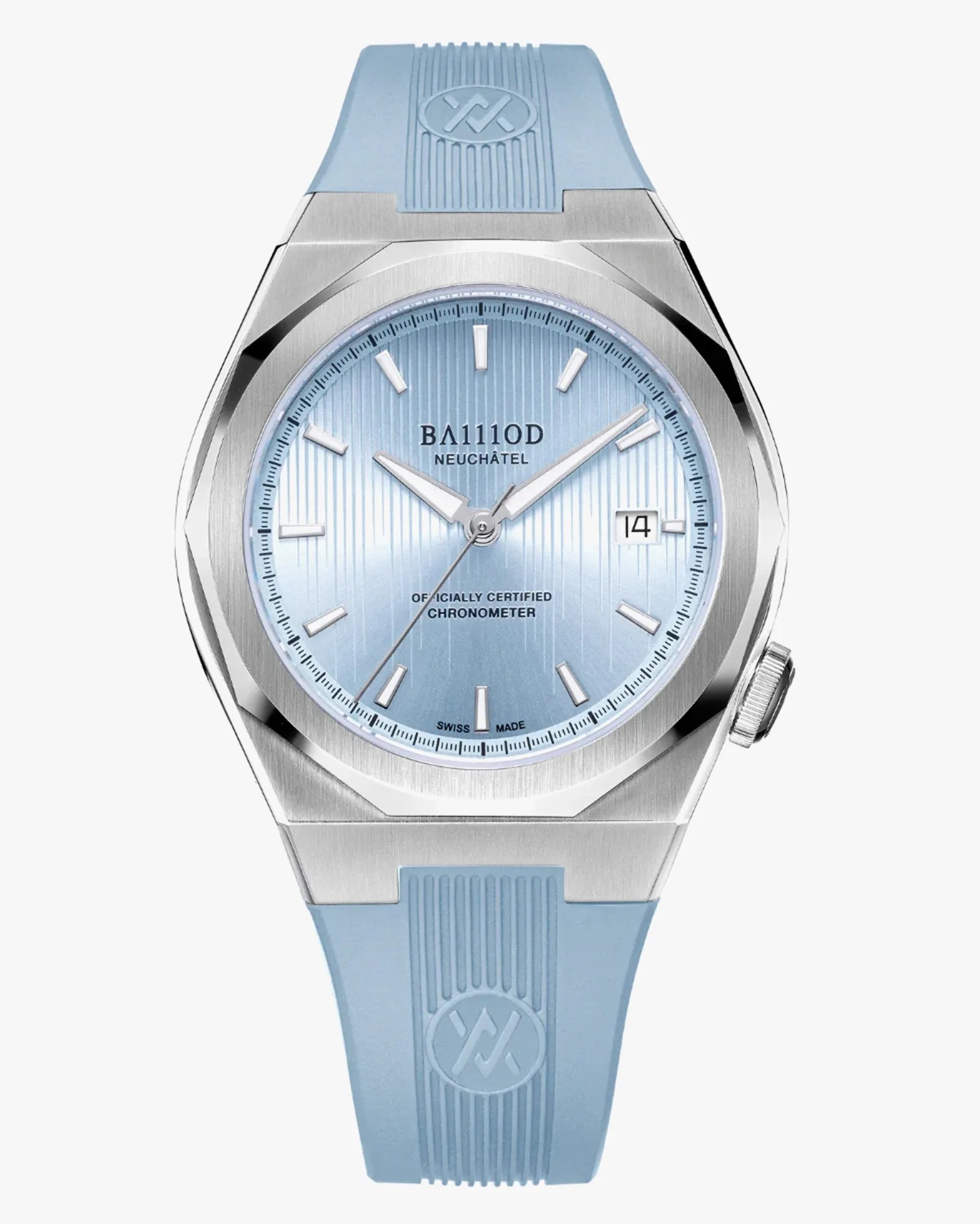 a steel watch case with a light blue dial and rubber strap