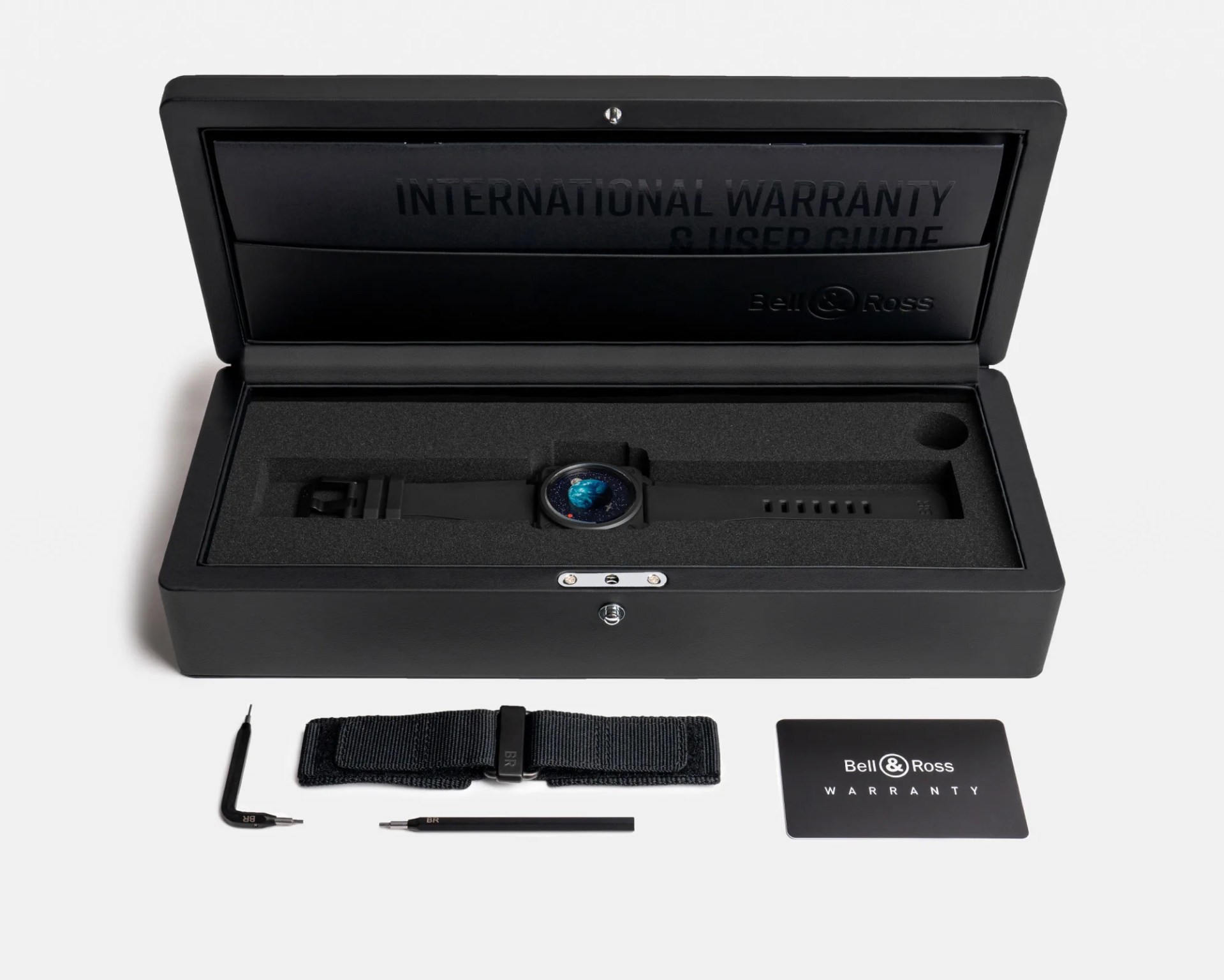 a black watch case with accessories