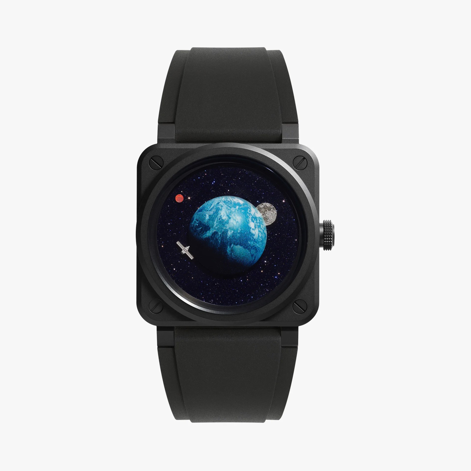 a black watch with earth on the dial