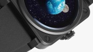 close up of the corner of a black Bell and Ross BR-03 Astro watch with earth on the dial