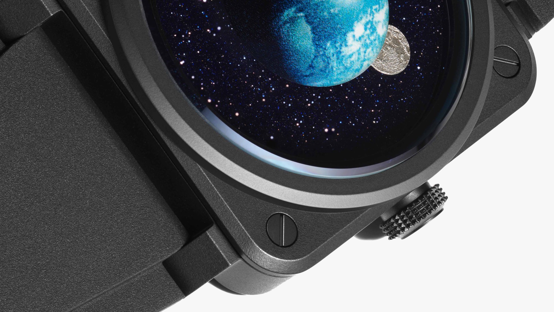 close up of the corner of a black Bell and Ross BR-03 Astro watch with earth on the dial