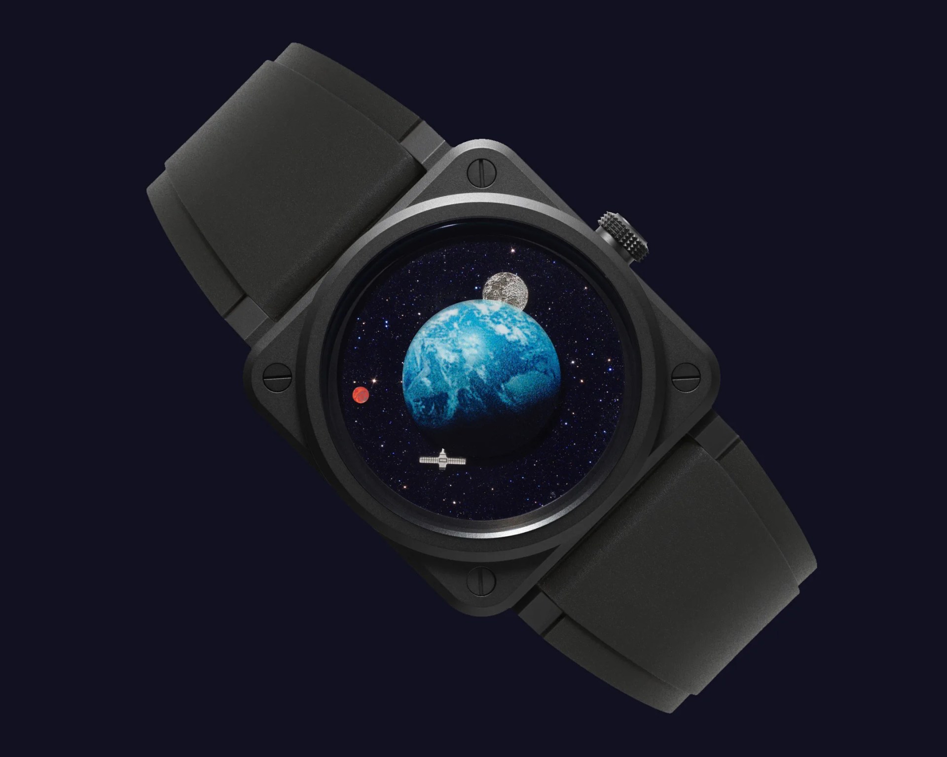 a black watch with earth on the dial
