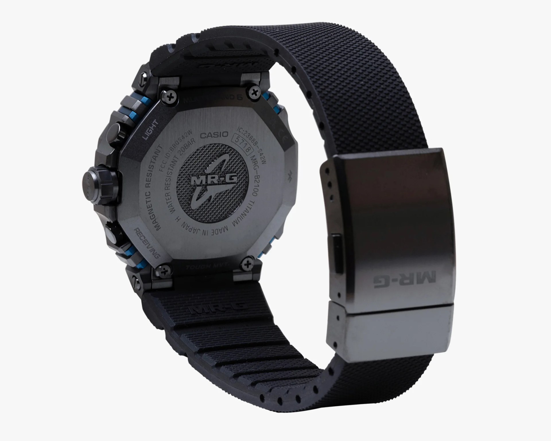 the back of a black casio watch with a black rubber band