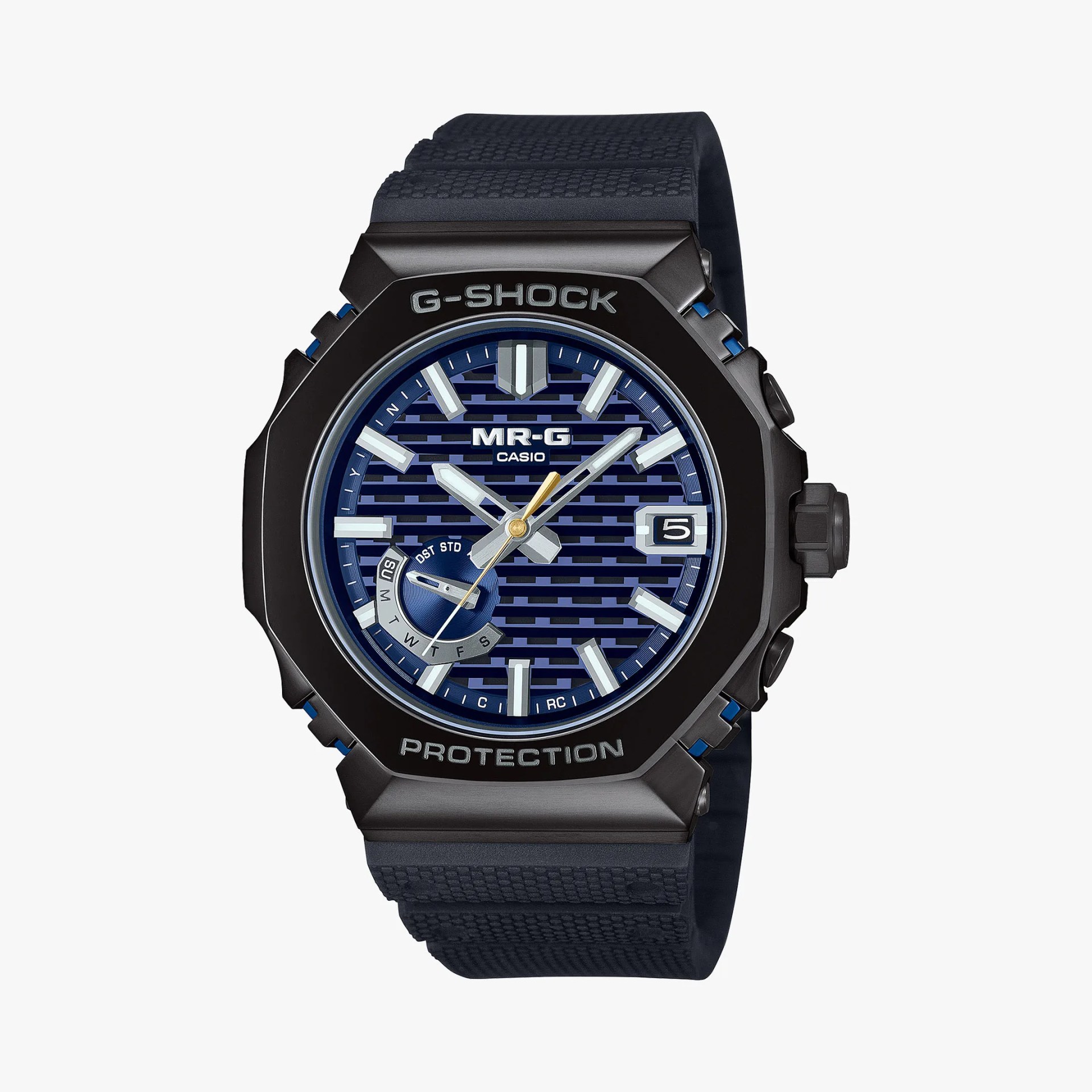 a black watch with a blue dial