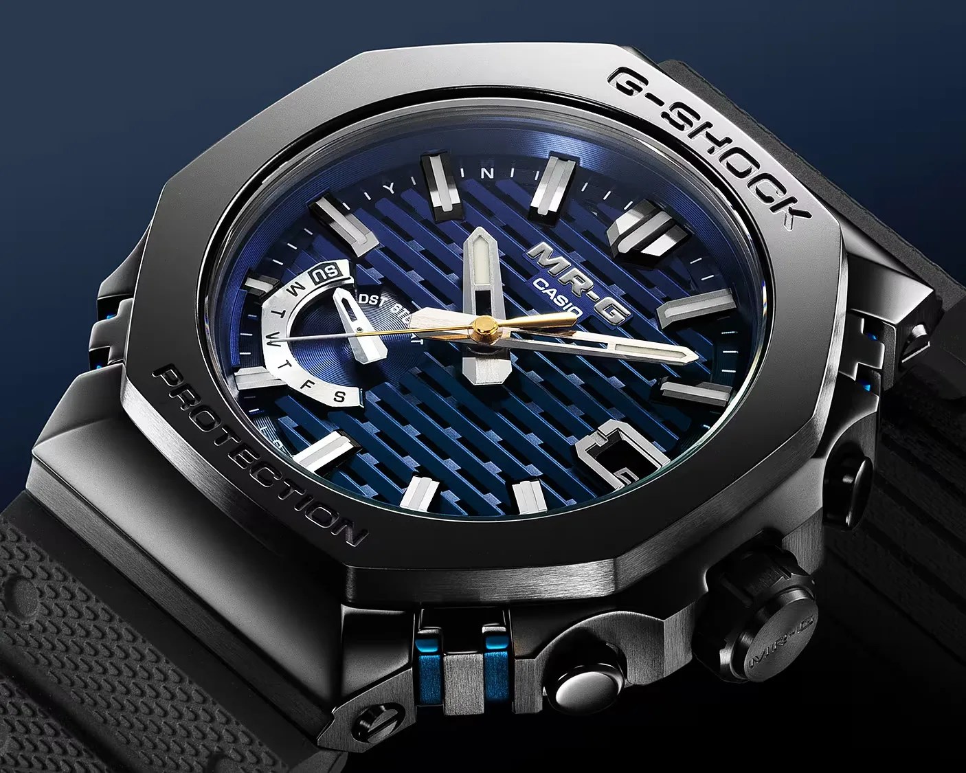 the blue dial of a black casio g-shock watch