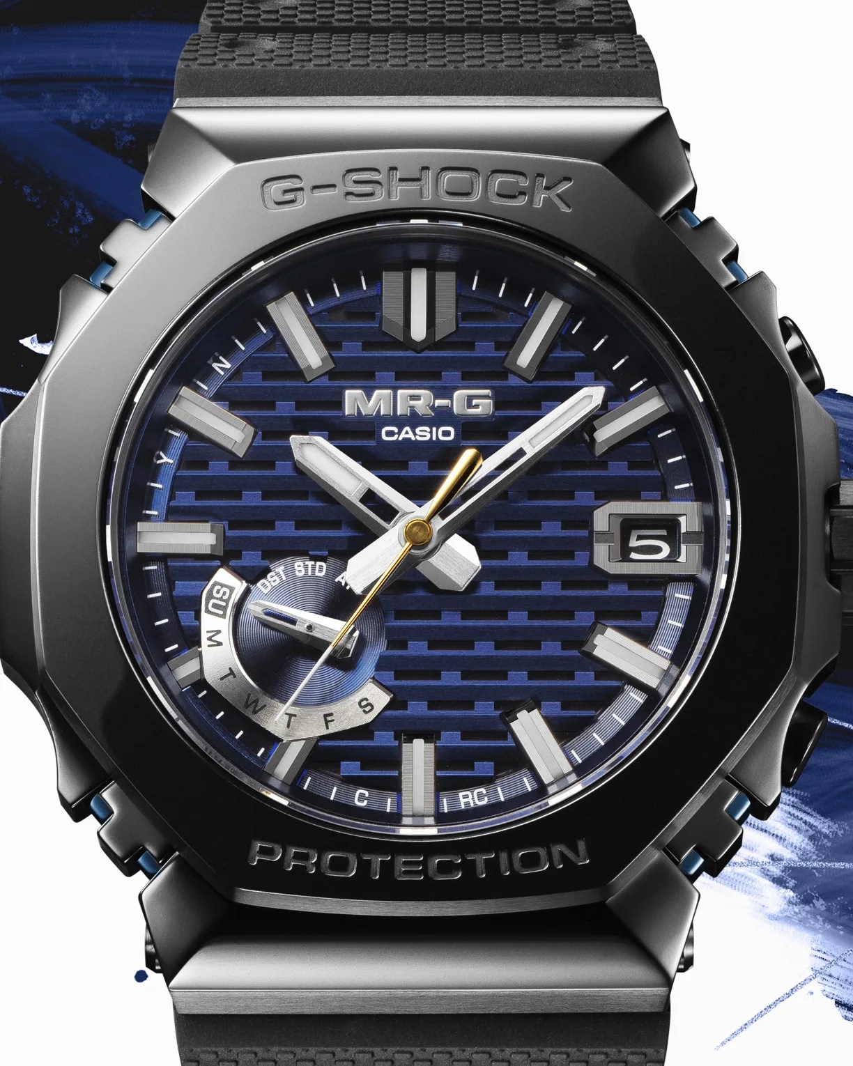 a black casio g-shock watch with a blue dial