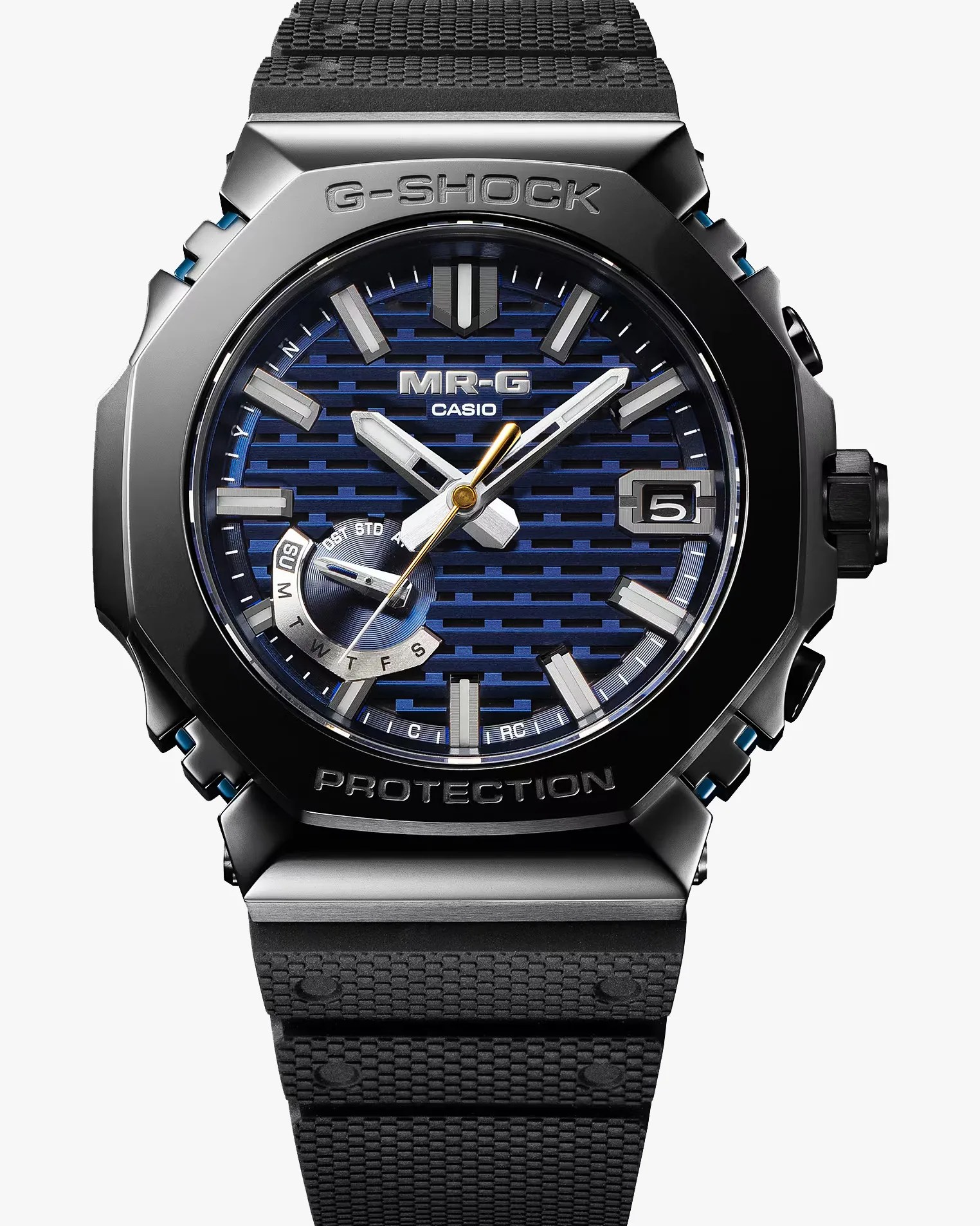 a black casio g-shock watch with a blue dial