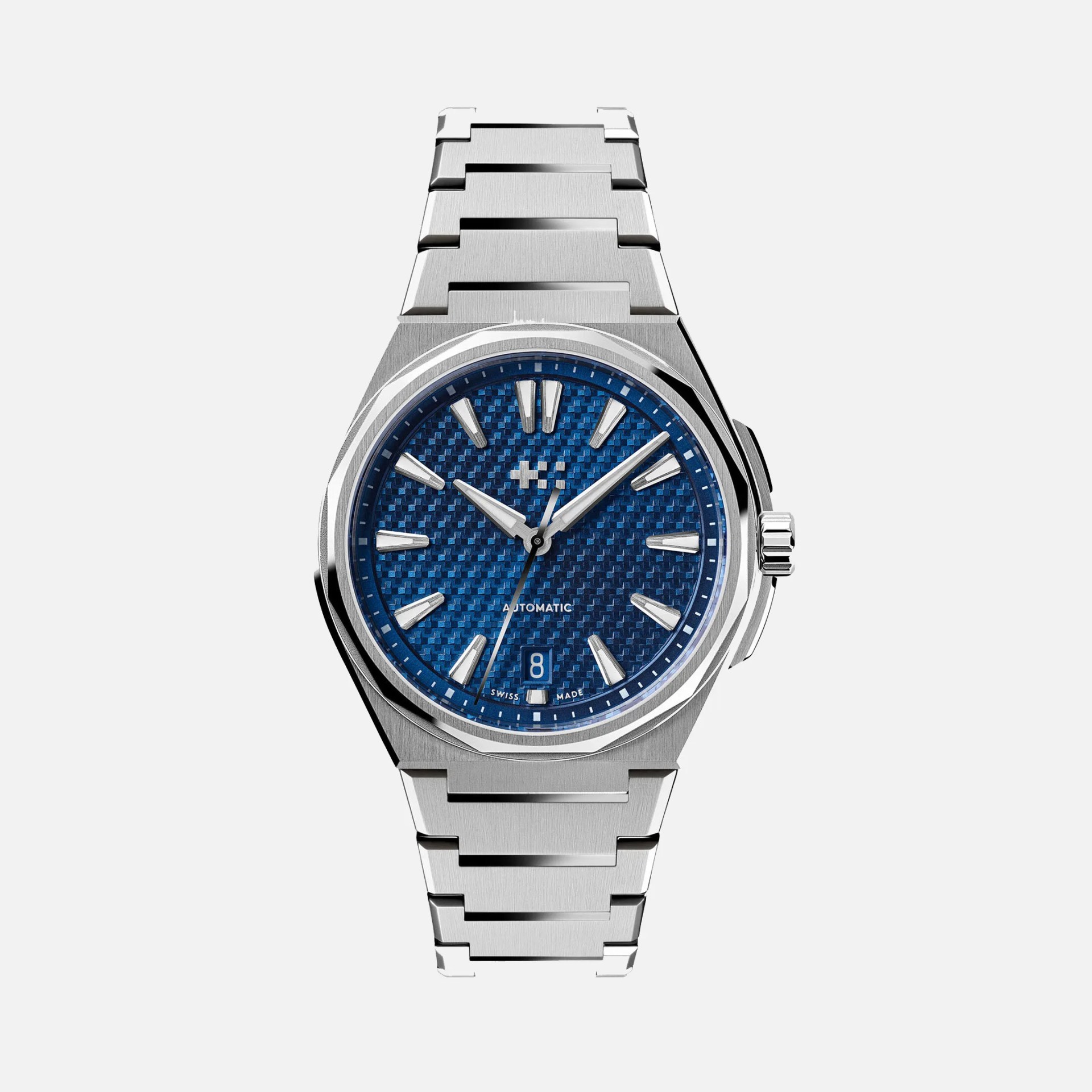 a steel watch with a blue dial